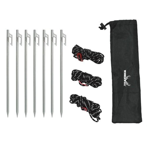 Winnerwell Guyline Peg Set avec sept sardines en inox, trois haubans noirs et un sac de rangement noir