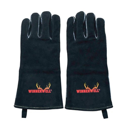 gants résistants à la chaleur Winnerwell, paire noire avec logo bois de cerf orange et nom de marque rouge