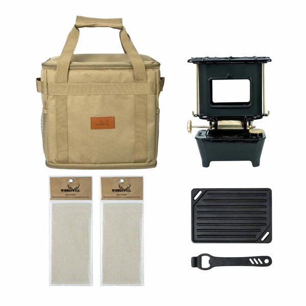 Winnerwell Iron Camping Cooker Stove avec sac de transport beige, plaque de grillade, outil d'ouverture et deux mèches