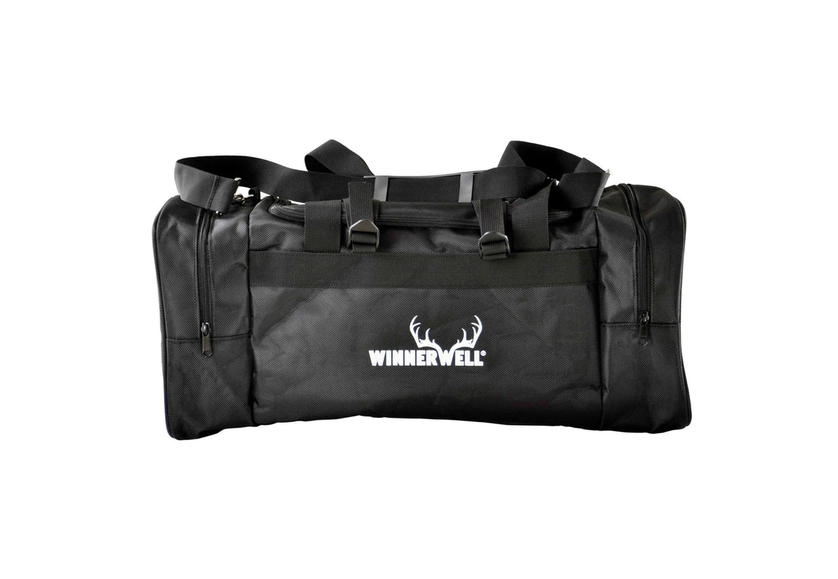 sac de transport poêle Winnerwell, sac noir avec poignées et logo Winnerwell blanc, vu de face