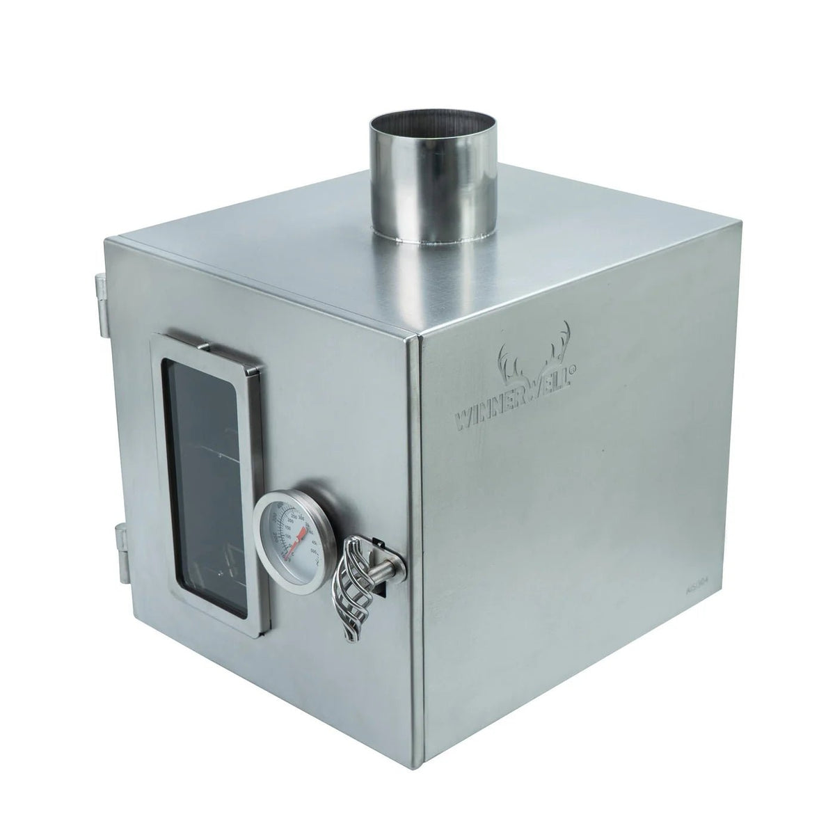 Four Winnerwell pour tuyau de poêle vu de biais avec logo, hublot et thermomètre sur la porte