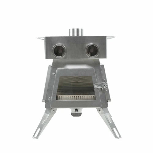 Winnerwell Marsfire, poêle de tente vu de face avec porte vitrée et deux hublots ronds sur le dessus