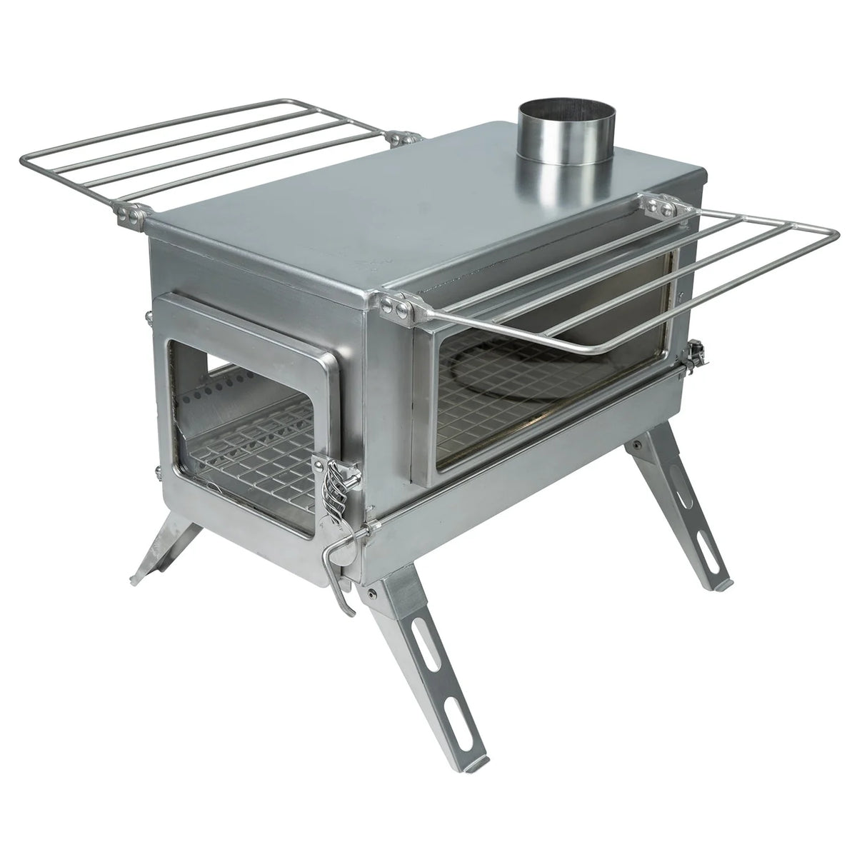 Winnerwell Nomad Plus Double View vu de trois quarts avec porte vitrée, vitre latérale et étagères dépliées