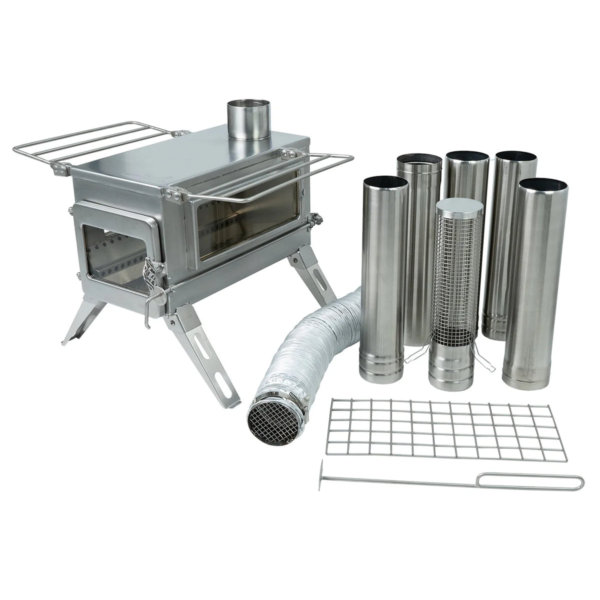 Winnerwell Nomad Plus Double View, poêle de tente avec étagères latérales, tuyaux de cheminée, gaine d'air et grille