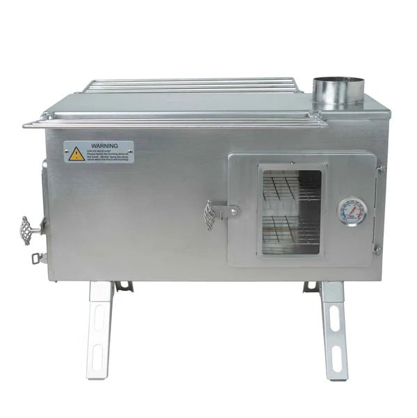 Winnerwell Ovenstove de profil avec porte de four, thermomètre et autocollant d'avertissement