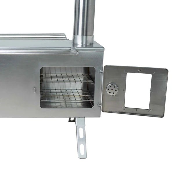Winnerwell Ovenstove avec porte de four ouverte et deux grilles dans le four