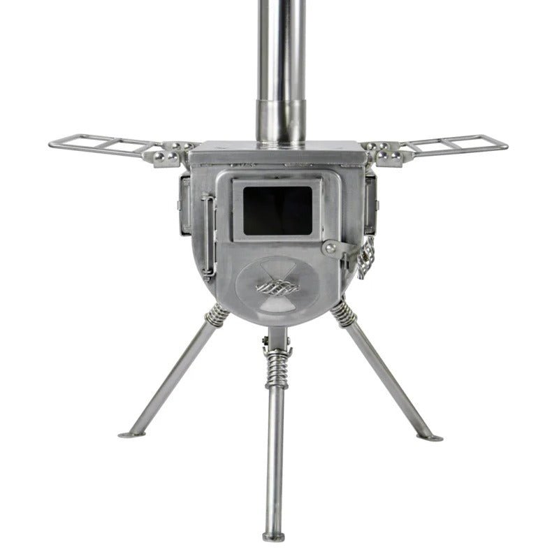 Winnerwell Woodlander Double View de face avec cheminée et étagères latérales dépliées