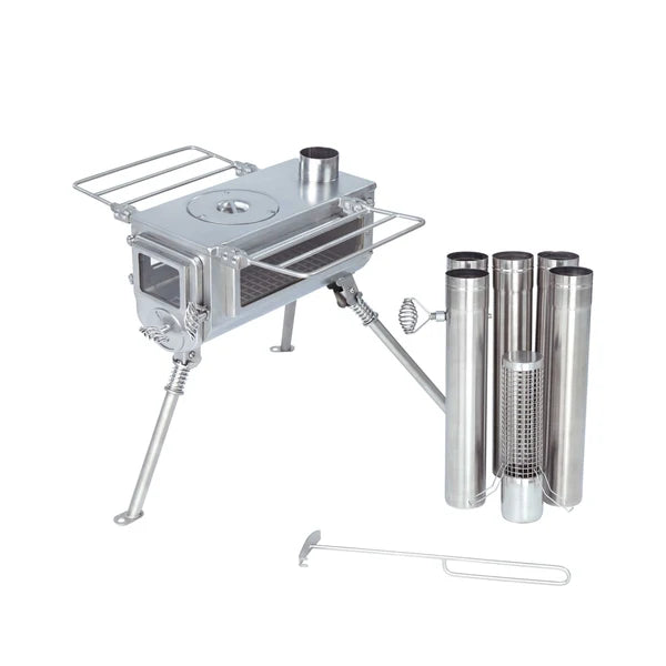 Winnerwell Woodlander Double View vu de biais d'en haut avec plaque de cuisson, tuyaux et tisonnier
