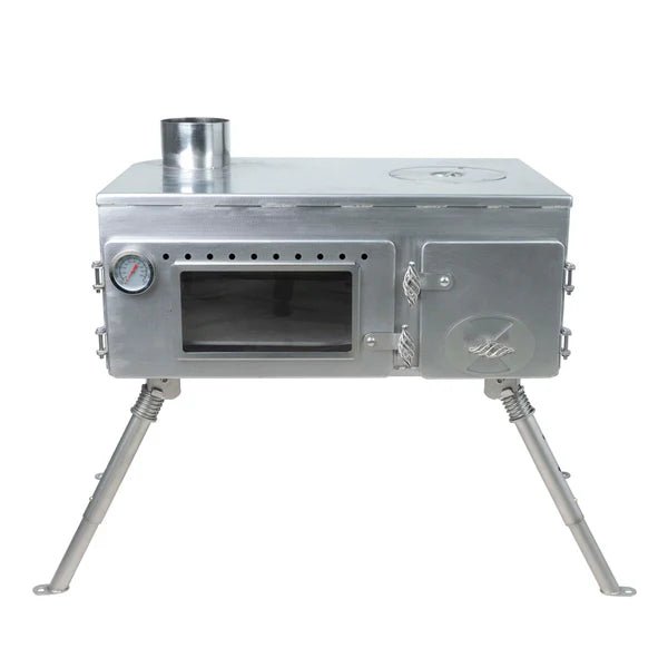Winnerwell Woodlander Pizza Oven vu de face avec vitre de four, thermomètre et porte du foyer