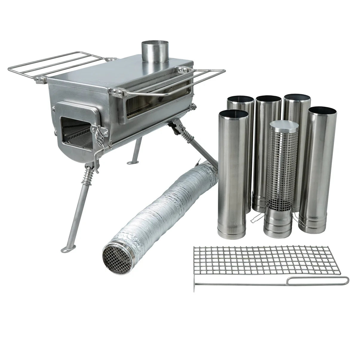 Winnerwell Woodlander Plus Double View poêle de tente avec tuyaux de cheminée, tuyau d'air flexible et grille