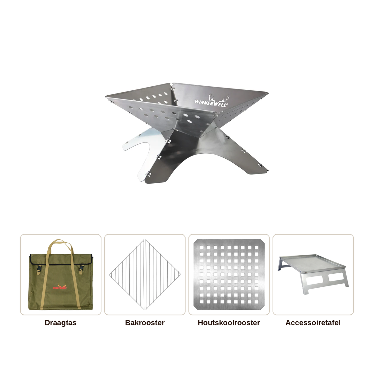 Foyer extérieur Winnerwell Flat vu légèrement d'en haut avec sac de transport, grilles et table d'accessoires
