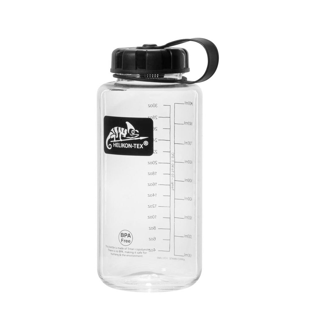 Gourde Helikon Tourist en version large, transparente avec logo, graduations et bouchon noir