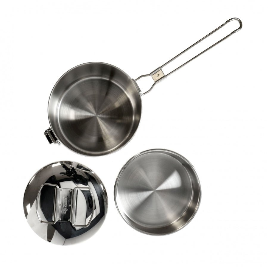Popote Zebra Thailand démontée, casserole à manche pliable, bol et couvercle vus de dessus