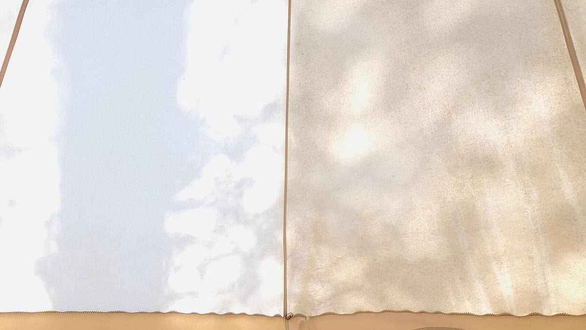 Tentonderhoud, canvas tentdoek met een lichte schone baan naast een verkleurde baan