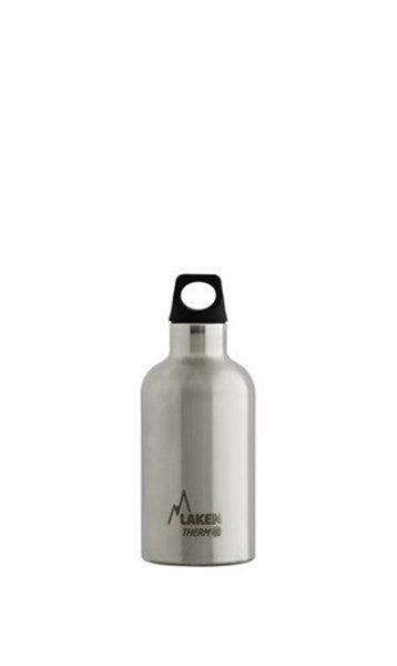 bouteille isotherme Laken Futura en inox, petit modèle à col étroit et bouchon noir avec boucle ronde