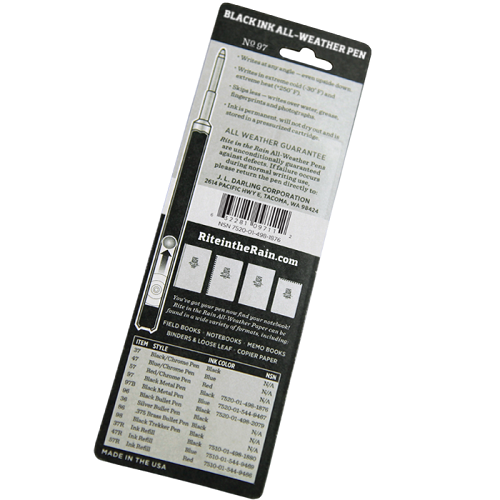 Stylo Rite in the Rain Clicker dans son emballage, dos avec texte et tableau