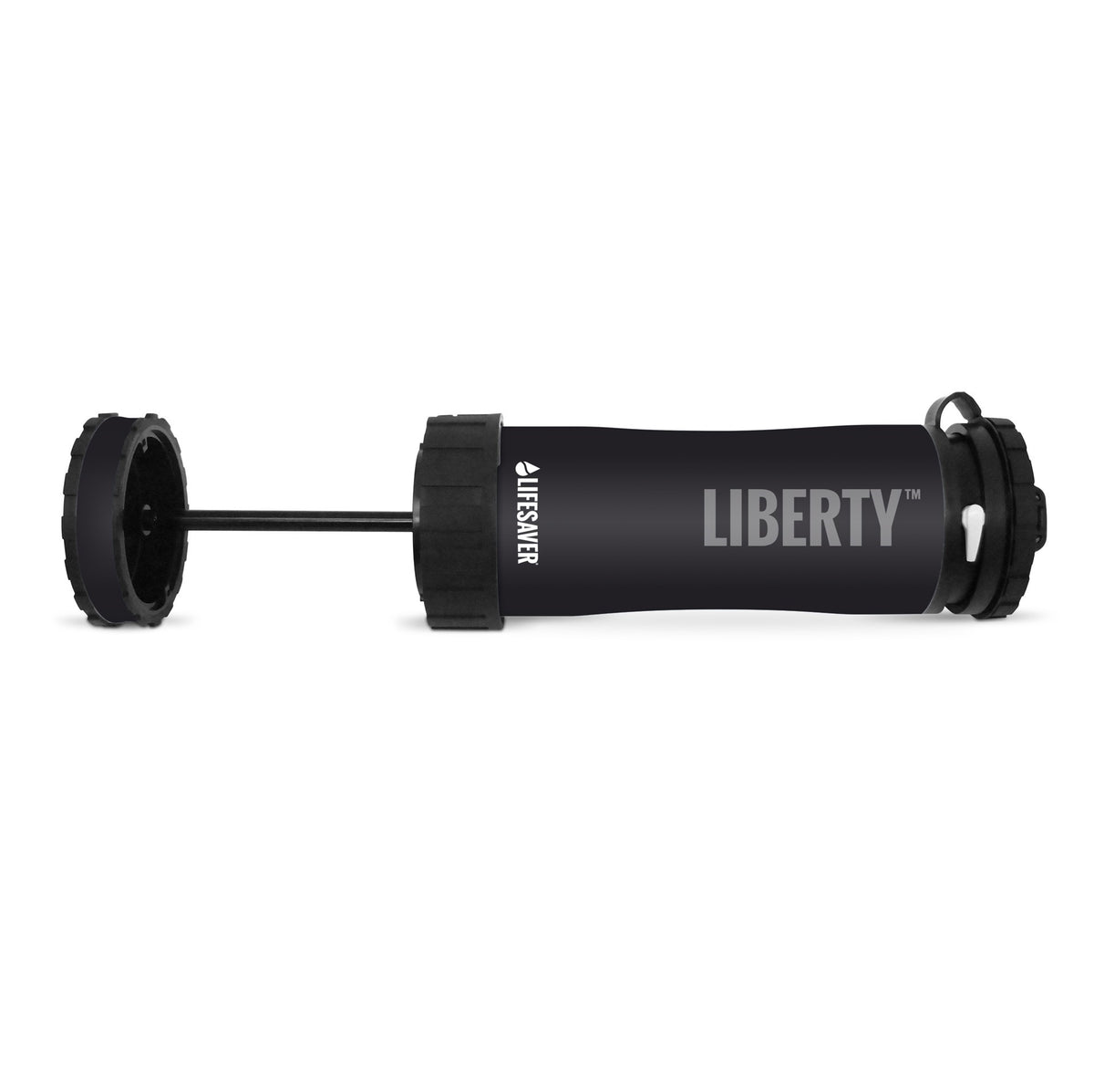 Lifesaver Liberty noire couchée, avec le fond et la tige de pompe sortis