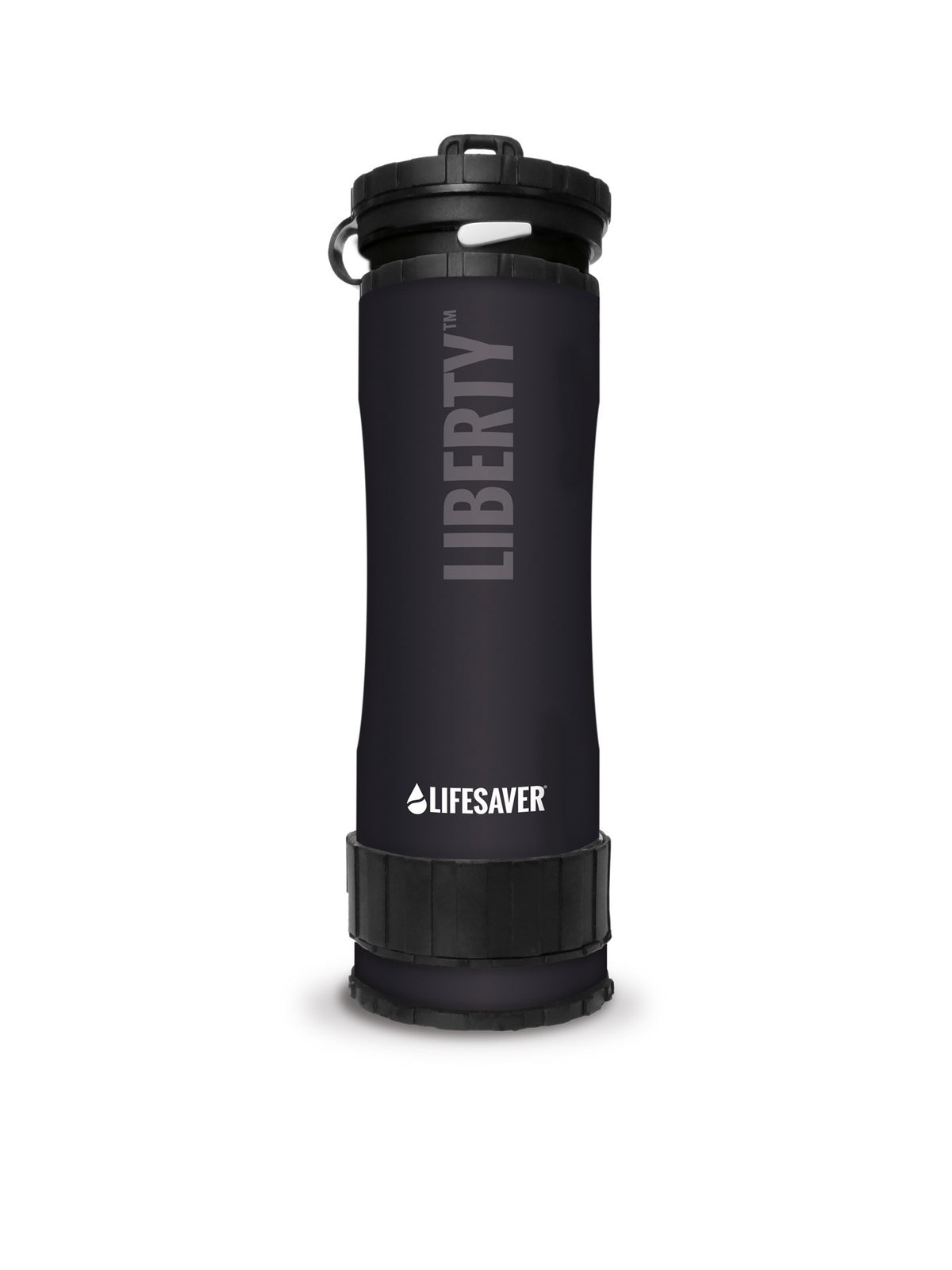 Lifesaver Liberty gourde filtrante noire avec bouchon à vis noir et dragonne, debout vue de face