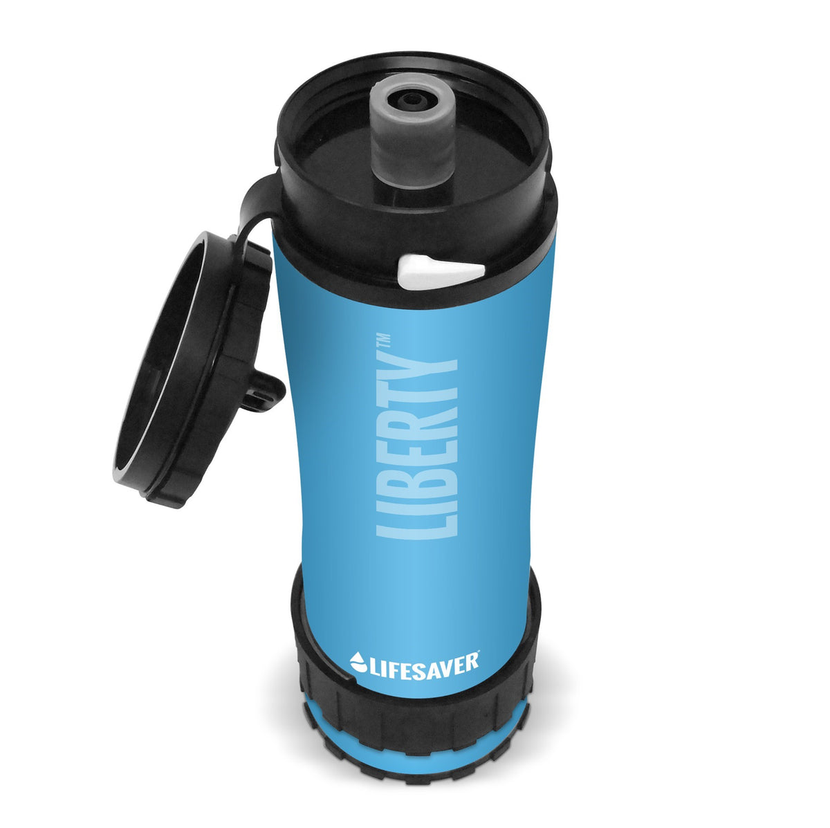 Lifesaver Liberty bleu clair avec bouchon ouvert et embout buccal, vue en biais d'en haut