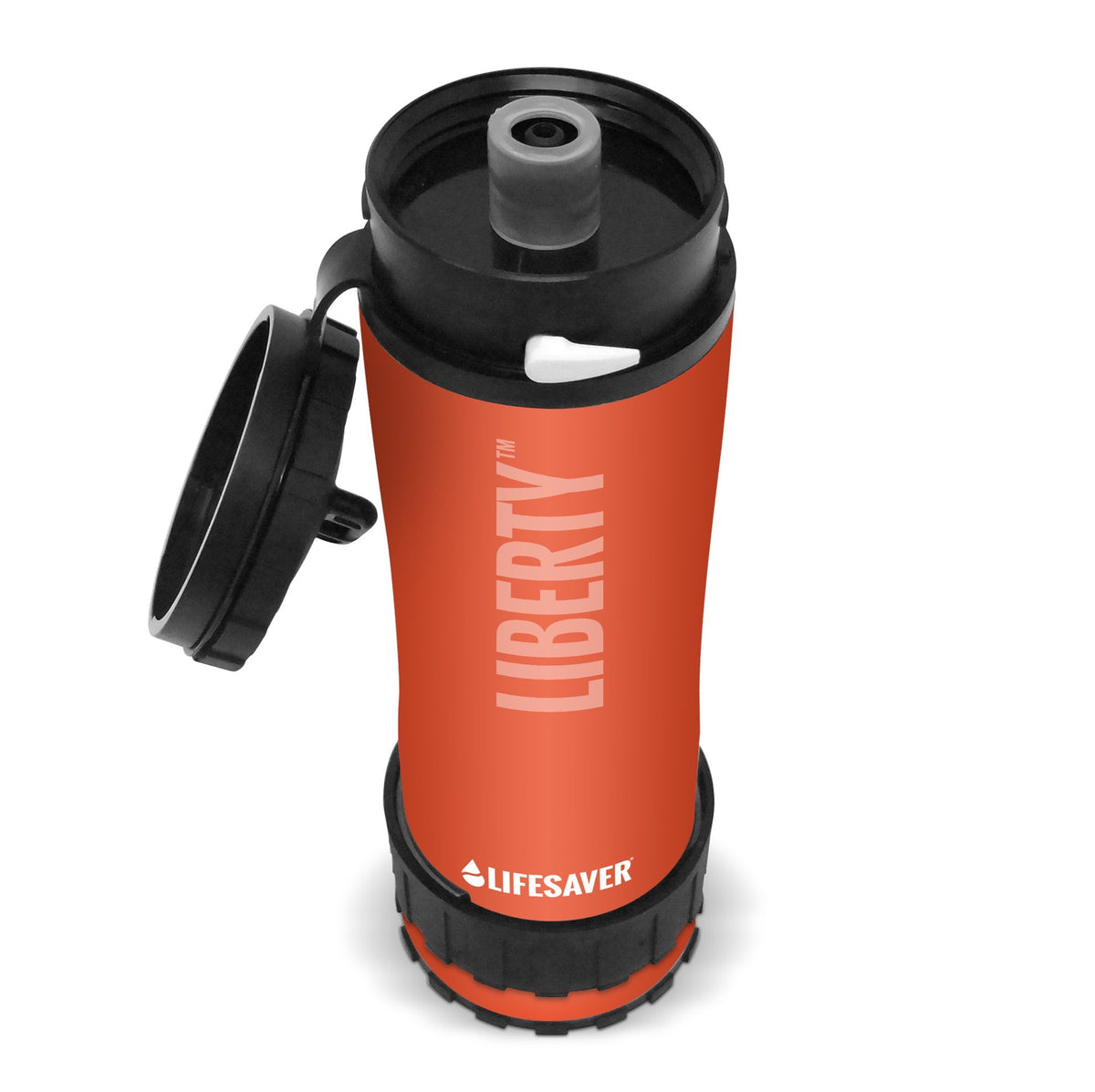 Lifesaver Liberty orange avec bouchon ouvert et embout buccal, vue en biais d'en haut