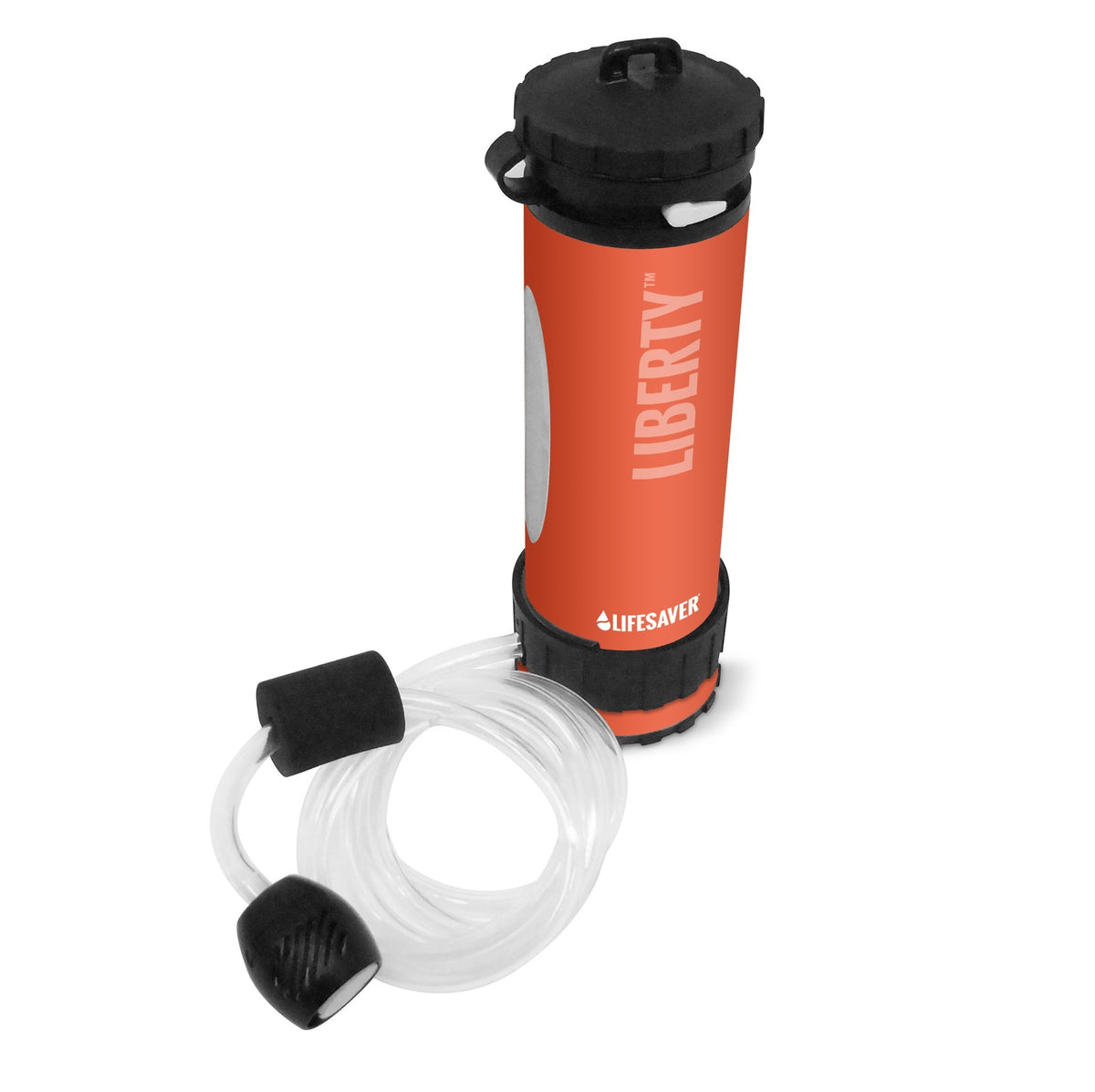 Lifesaver Liberty orange avec tuyau d'aspiration transparent et embout filtrant noir