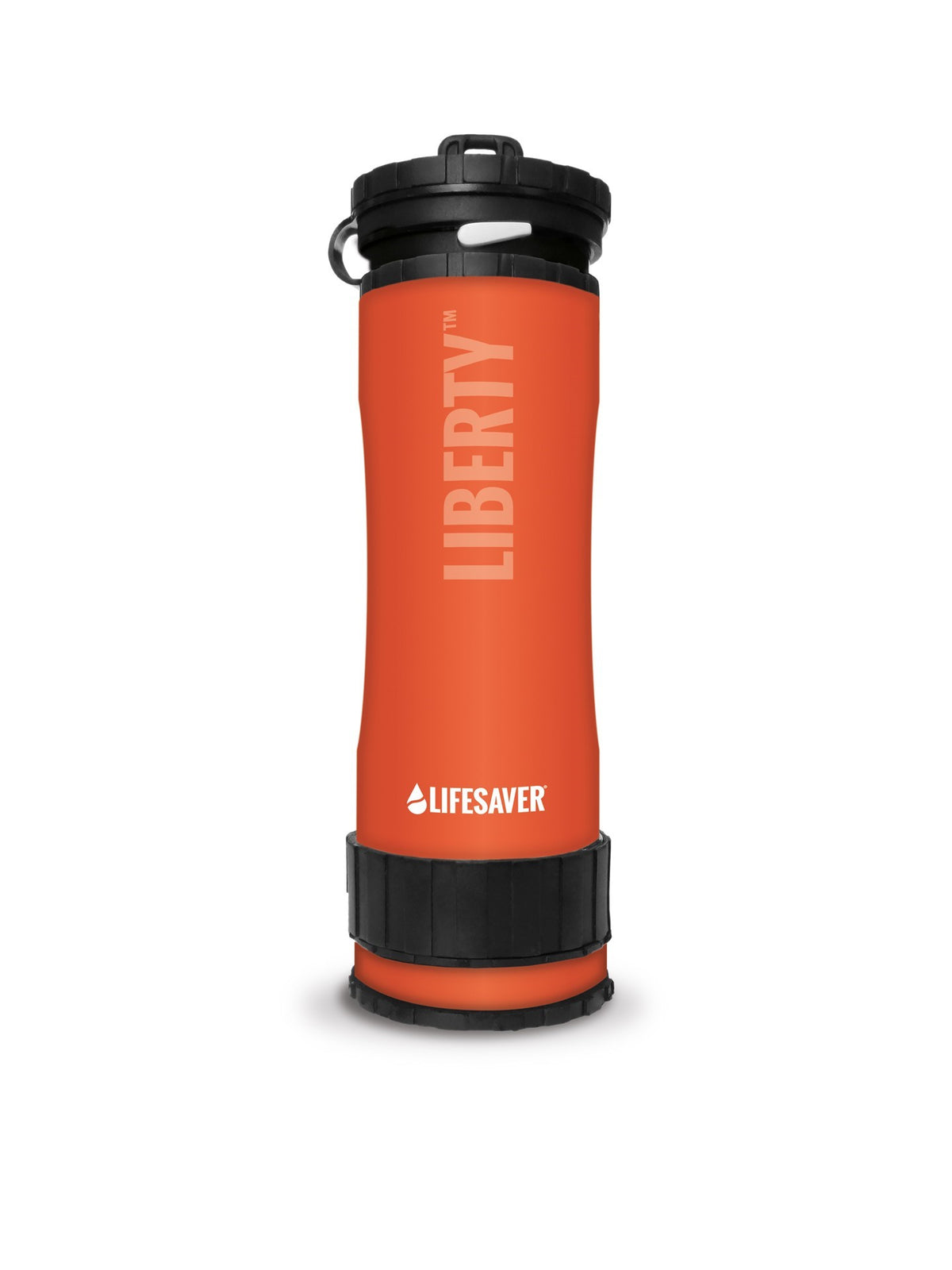 Gourde Lifesaver Liberty orange avec bouchon noir, debout vue de face
