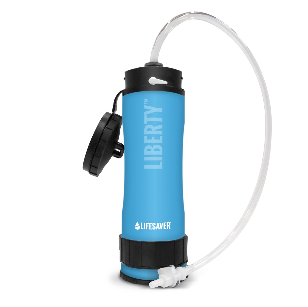Connecteur de poche à eau Lifesaver branché sur une gourde Lifesaver Liberty bleue