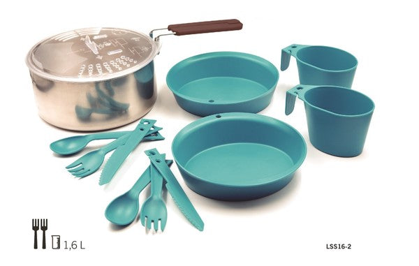 Popote en inox Laken 16 cm en version deux personnes avec casserole, deux bols, deux tasses et couverts