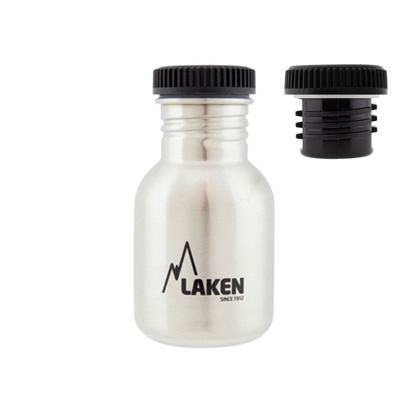 gourde Laken Basic en inox au plus petit format avec bouchon à vis noir, bouchon séparé à côté