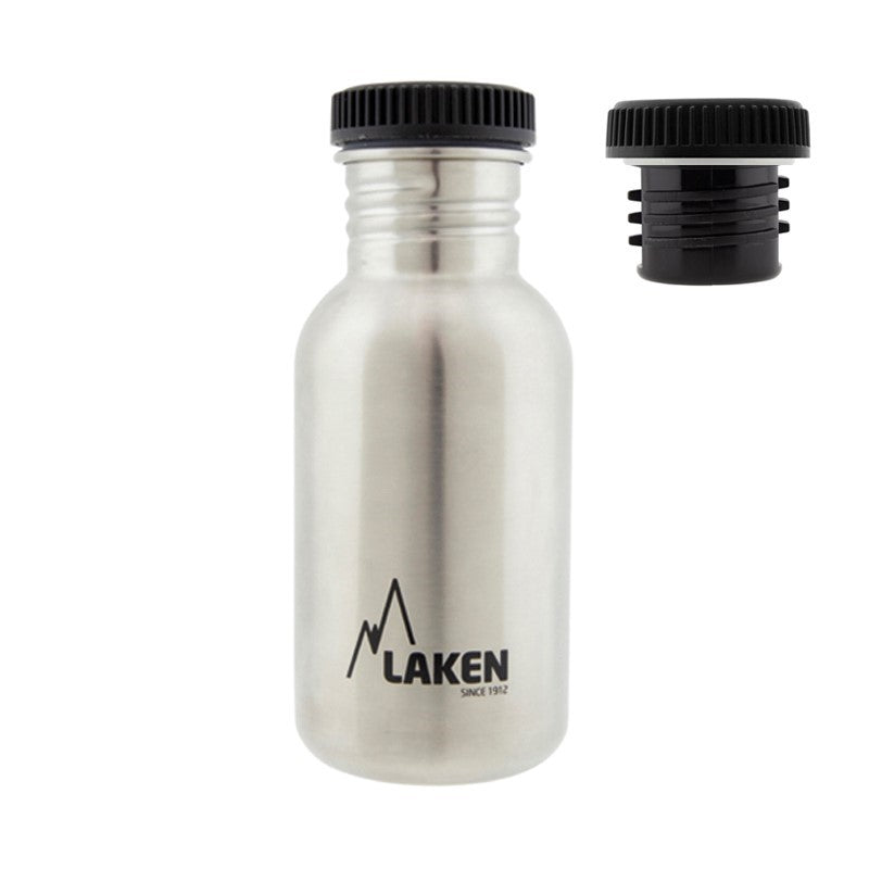 Gourde Laken Basic en inox au format moyen avec bouchon à vis noir et bouchon séparé