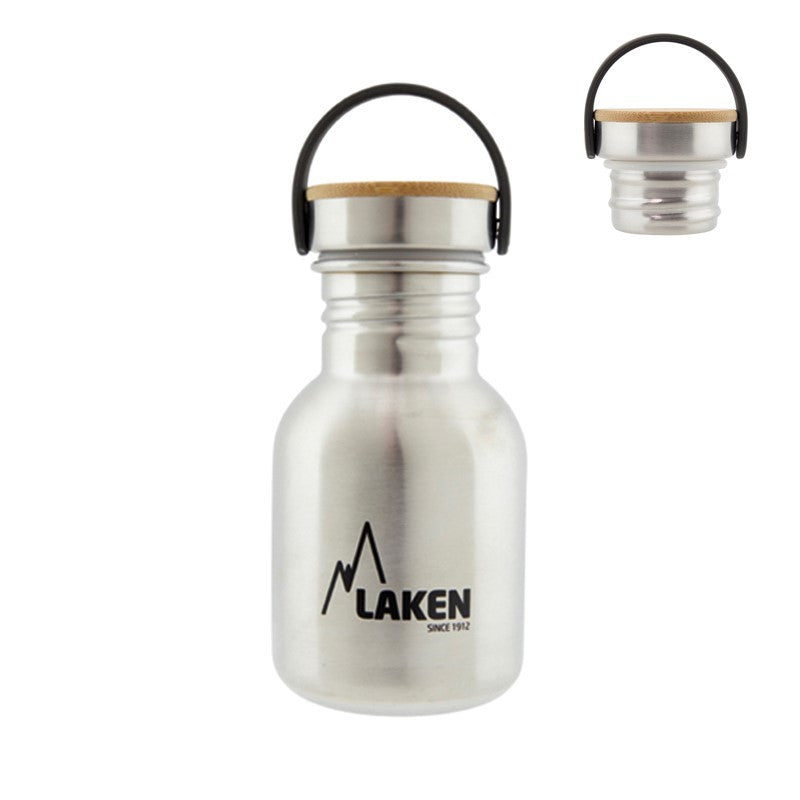 gourde Laken en inox avec bouchon en bambou, petit modèle avec boucle de transport noire et bouchon séparé à côté
