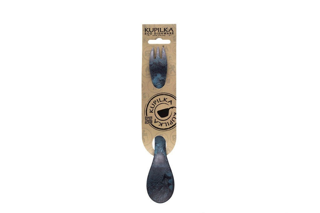 Cuillère-fourchette Kupilka bleue dans son emballage, fourchette en haut et cuillère en bas