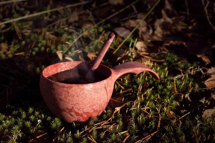 Kupilka 21 Classic Cup rouge avec boisson fumante et cuillère sur la mousse au soleil