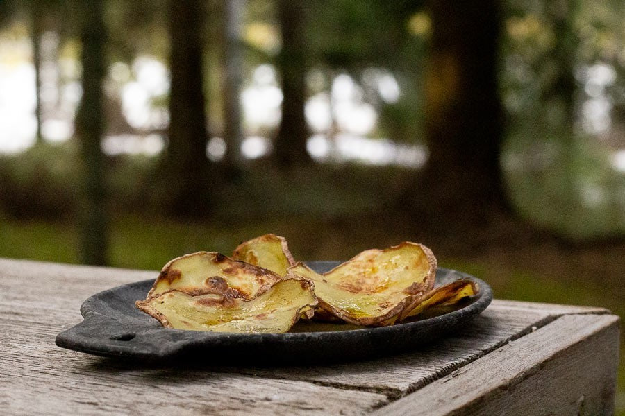 Kupilka 14 Petite Assiette noire avec des rondelles de pomme de terre sautées sur une table en bois en forêt