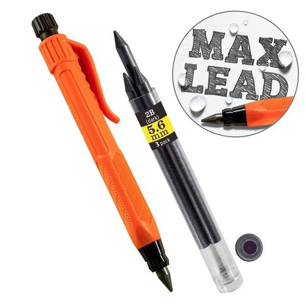 crayon Rite in the Rain orange, porte-mine Work Ready avec clip à côté d'un étui de grosses mines de 5,6 mm