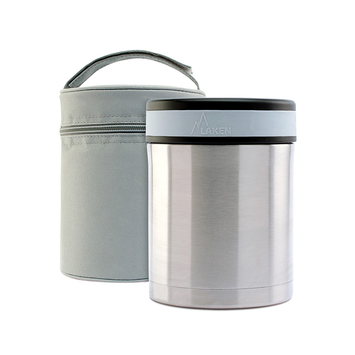 lunchbox isotherme Laken en inox avec couvercle gris clair, sac de transport gris à poignée à côté