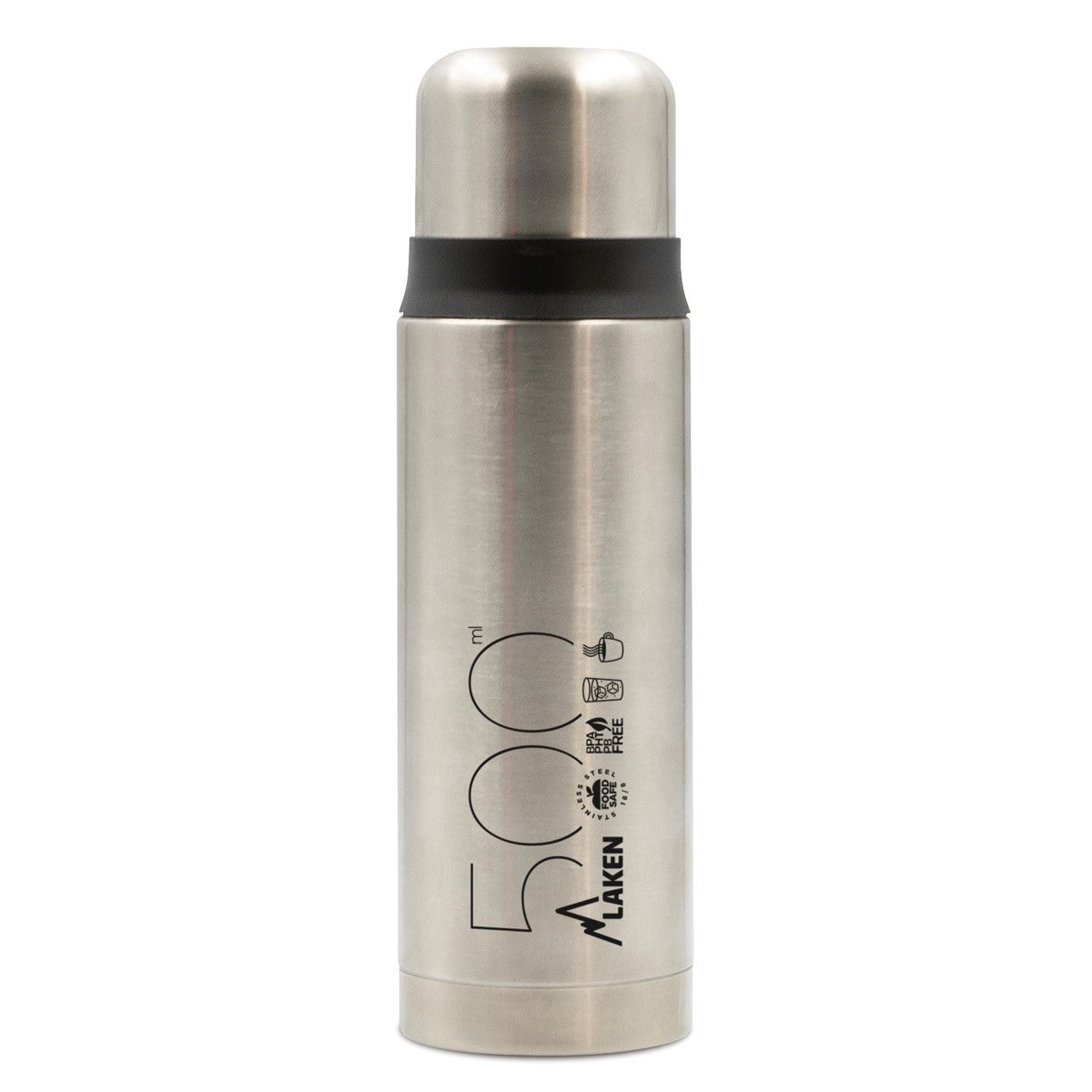bouteille isotherme Laken en inox argent avec inscription 500, argent mat avec bande noire sous le bouchon