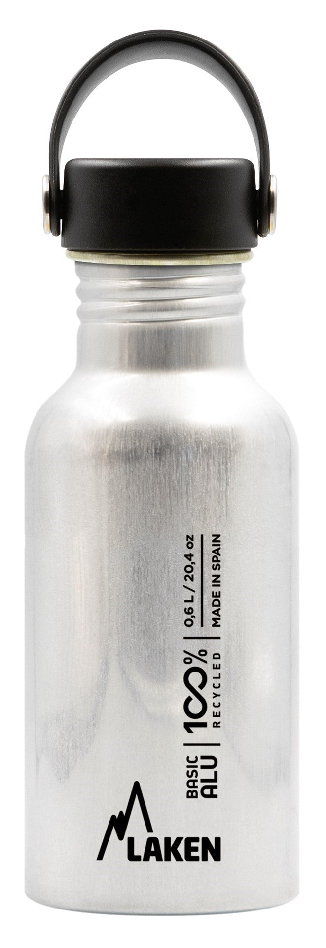 gourde Laken en aluminium de 0,6 litre, argentée avec bouchon à vis noir et boucle de transport