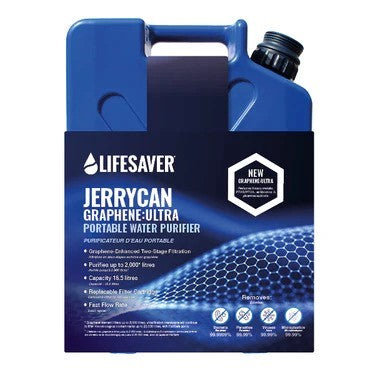 Lifesaver Jerrycan Graphene Ultra, jerrican bleu dans son emballage imprimé