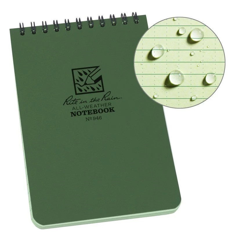 Carnet Rite in the Rain vert avec gouttes d'eau sur le papier vert clair