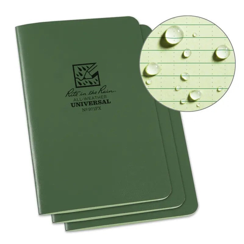 Carnets Rite in the Rain verts avec gouttes d'eau sur le papier ligné