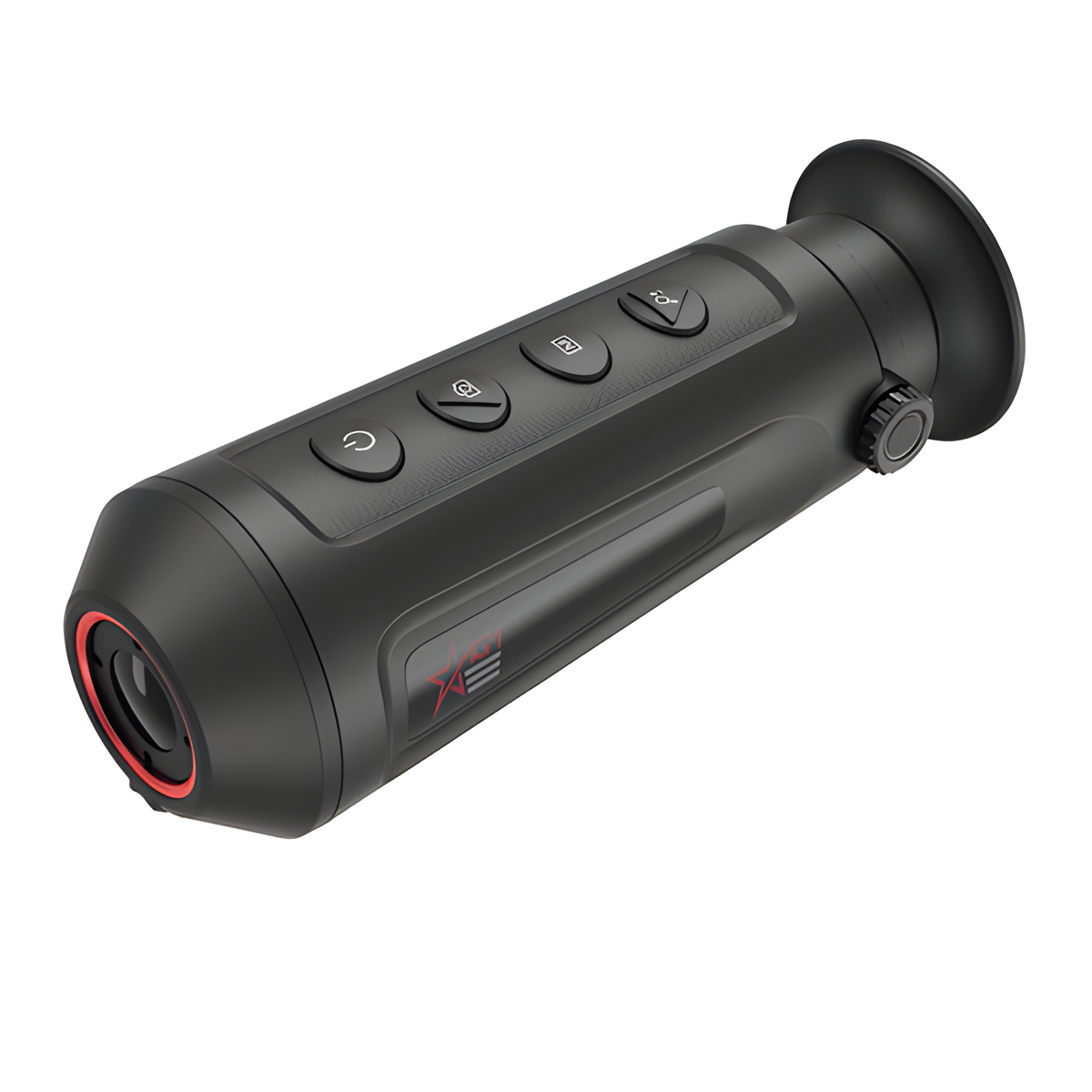AGM Taipan TM15-384 caméra thermique noire avec anneau rouge autour de l'objectif et boutons sur le dessus