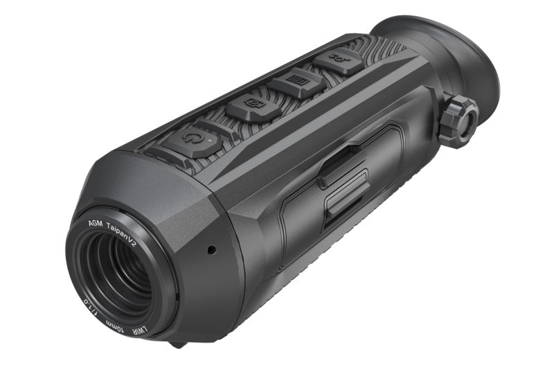 AGM Taipan V2 15-256 caméra thermique noire, vue de biais avec objectif et boutons sur le dessus