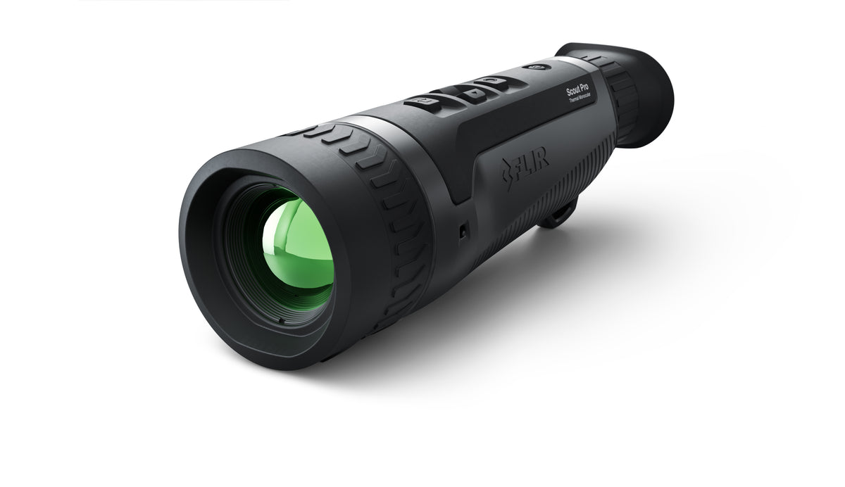 FLIR Scout Pro II caméra thermique, monoculaire noir de trois quarts avant avec lentille aux reflets verts