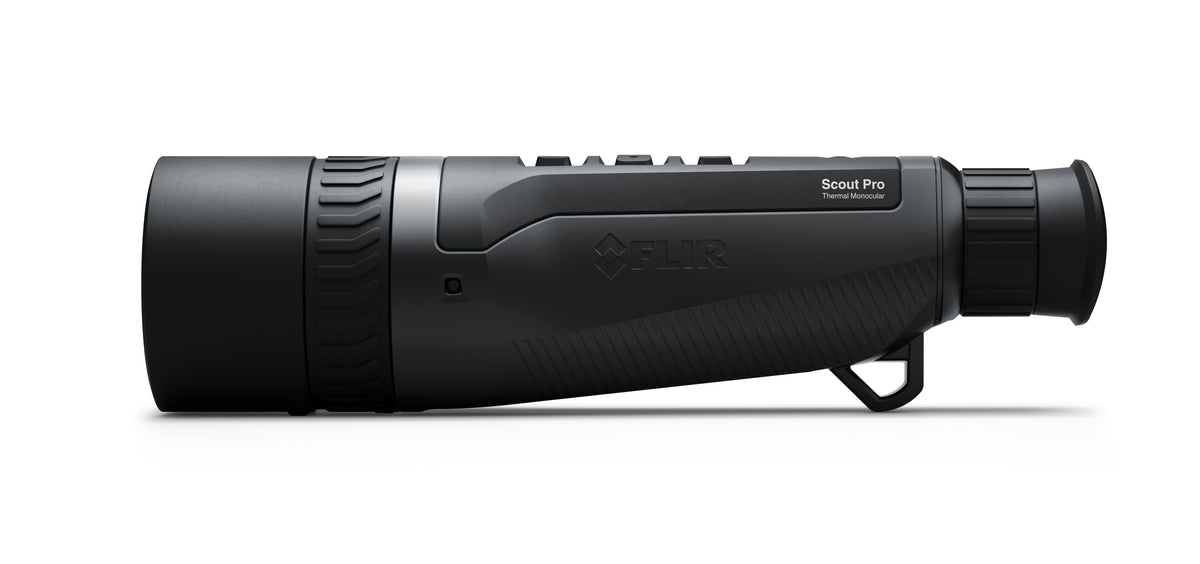 FLIR Scout Pro III vu de côté avec fût d'objectif, oculaire et dragonne