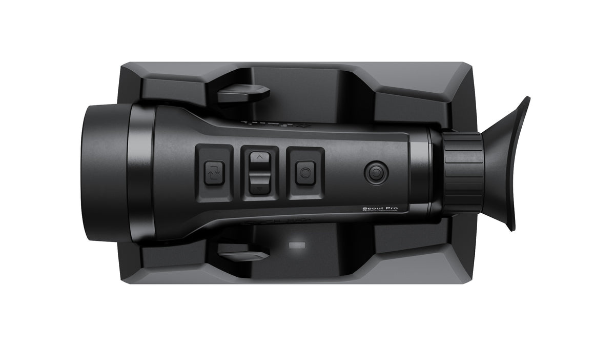 FLIR Scout Pro Charging Station vue de dessus avec les boutons du monoculaire visibles
