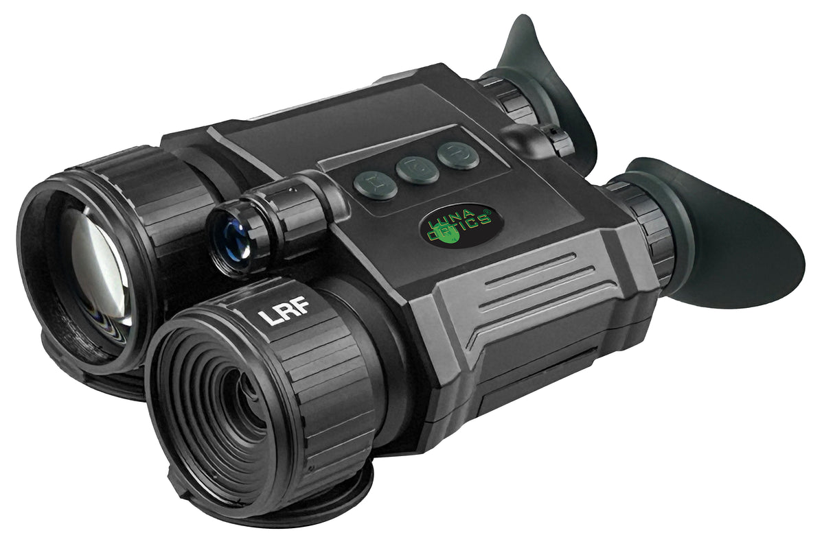 Luna Optics LN-QD-B50 PRO jumelles de vision nocturne numériques noires, vue de face en biais avec objectifs et œilletons