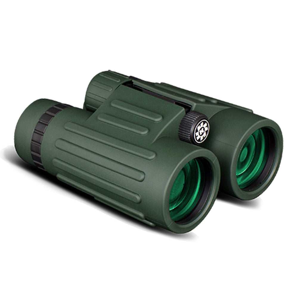 Jumelles Konus Emperor 8x42 vertes avec nervures, molette de mise au point et lentilles vertes, de trois quarts