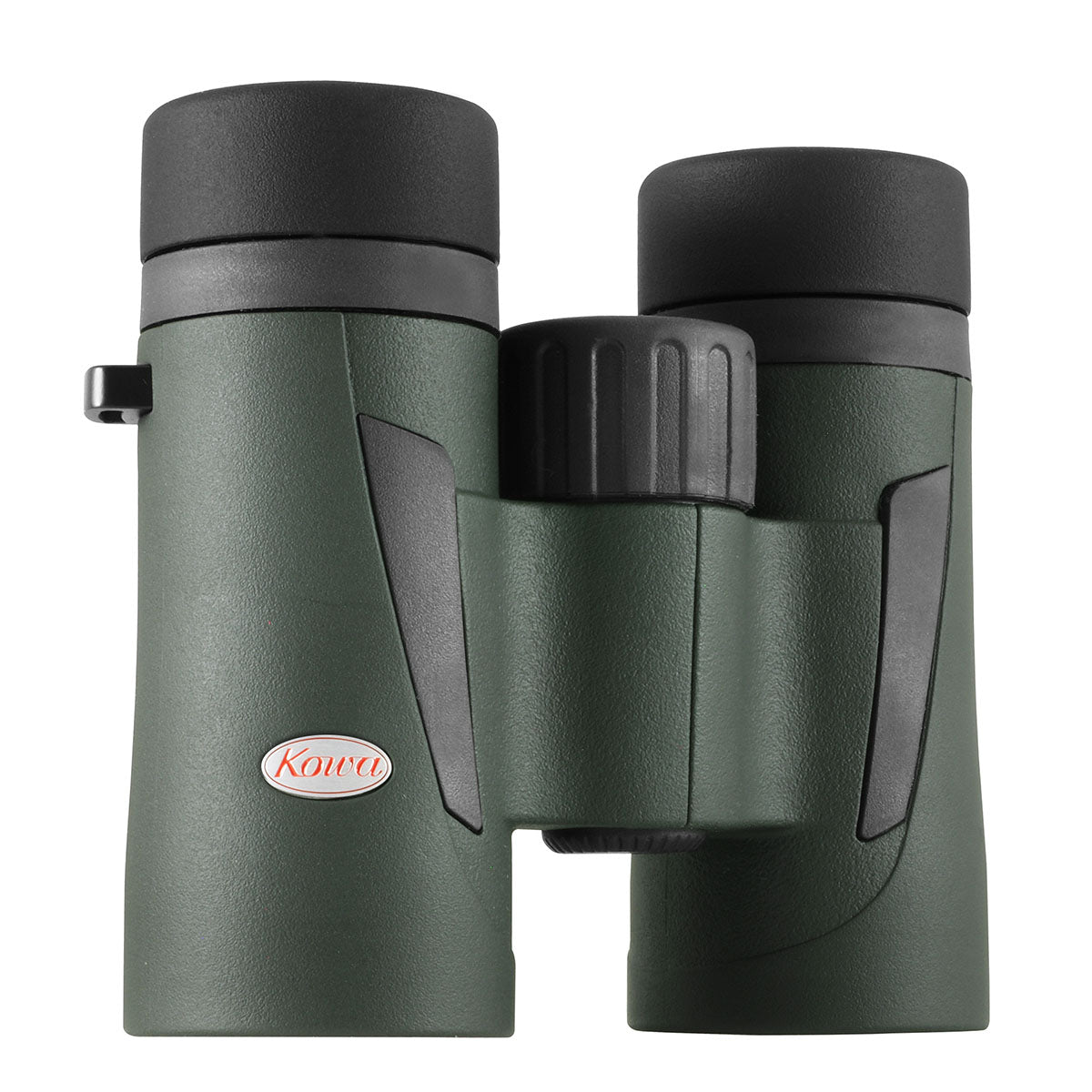 Kowa BDIII 10x32 XD de biais sur le côté avec la molette de mise au point et les zones de préhension noires