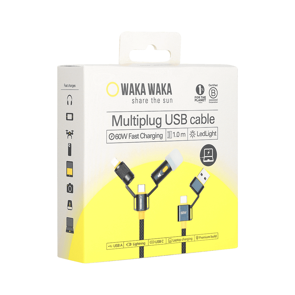 WakaWaka Connect, emballage avec l'inscription Multiplug USB cable et le câble visible